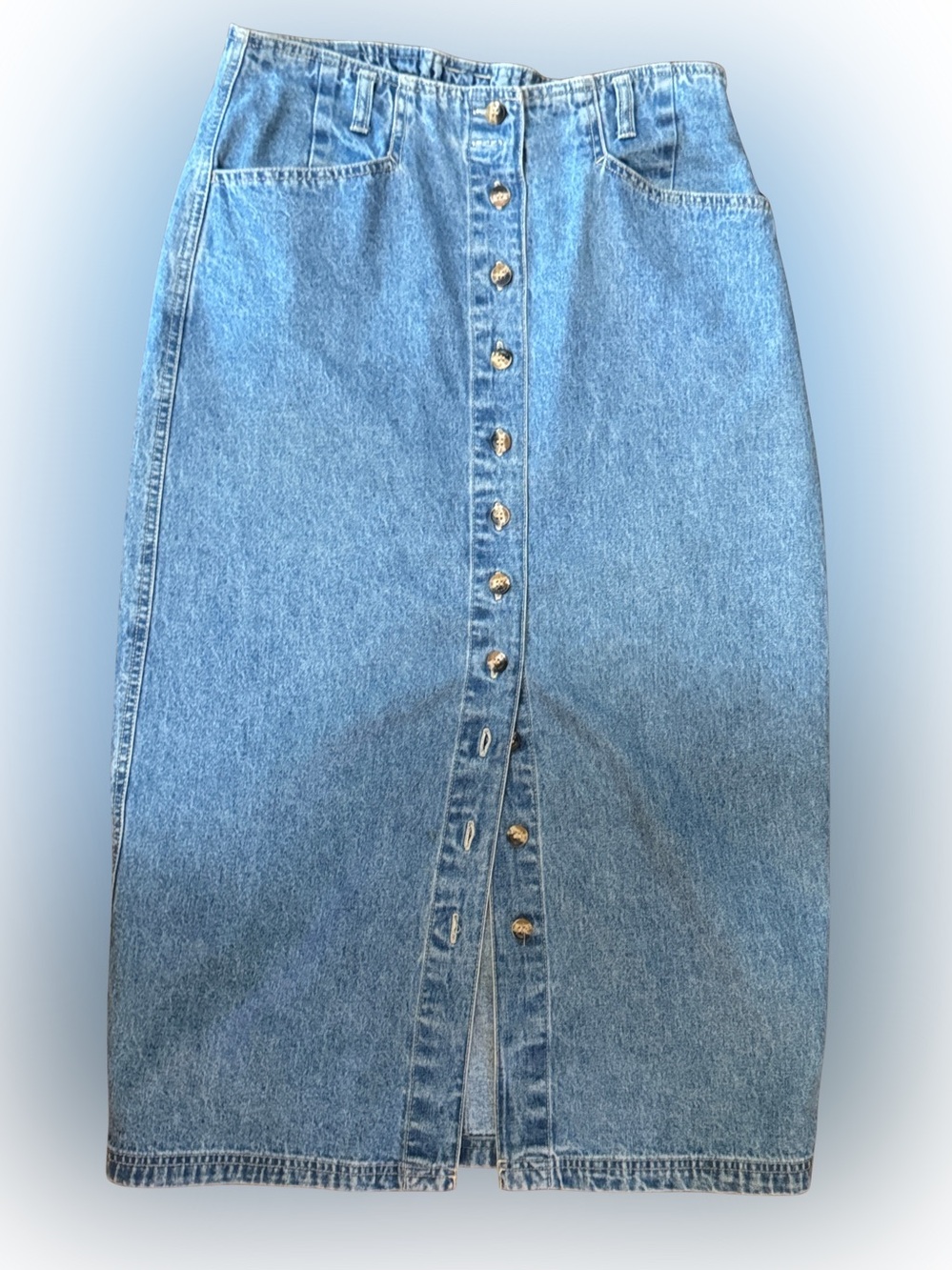 Vintage Classic Blue Denim Button-Front Midi Skirt